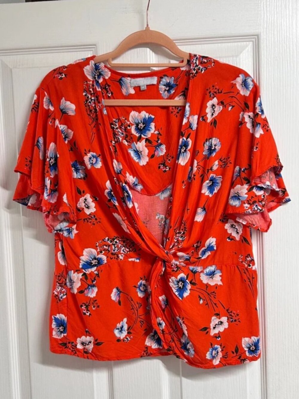 Red Redherring Womens Floral Tie Front Flutter Sleeve Blouse